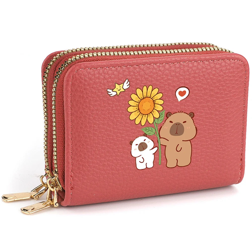 PU Leather Zipper Credit Card Holder, Cartoon Print Fashionable And Compact Women's Coin Purse, Suitable For Women's Daily Use