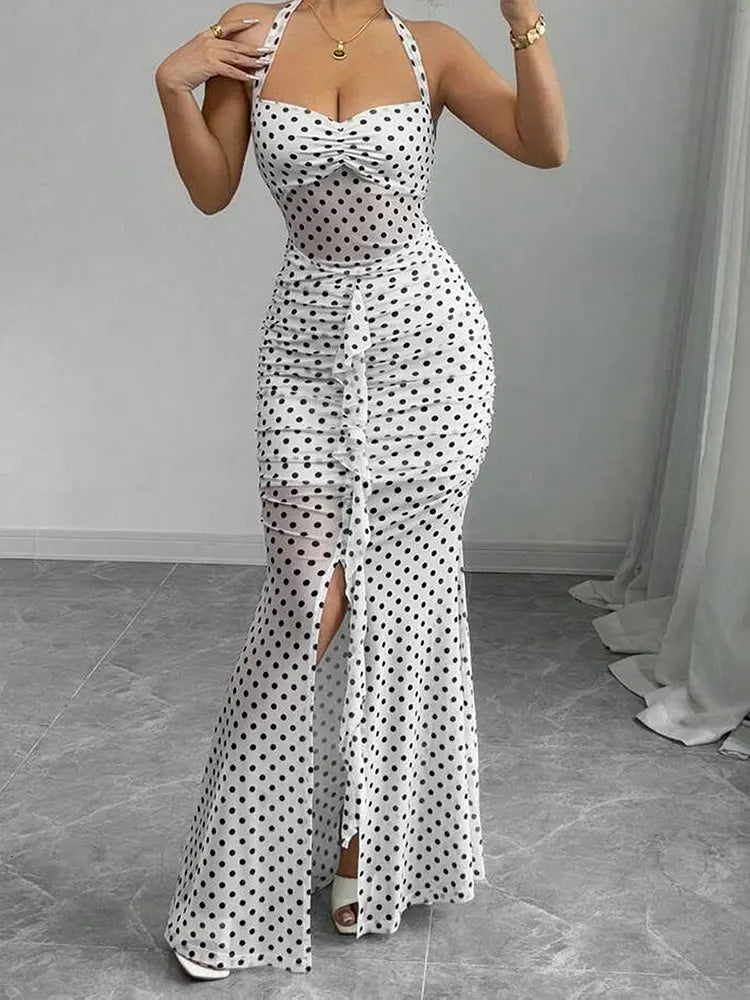 Women Maxi Dresses Summer New Streetwear Fashion Print Halter Split Casual Slim Dress Sexy Backless Low Chest V-Neck Lady Dress