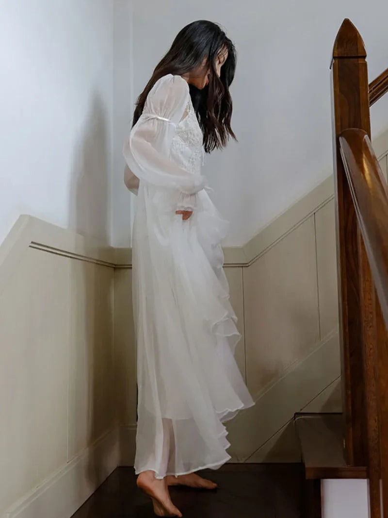 Princess Fairy Night Dress Robe French Morning Gown Lace Mesh Ruffles Vintage Sexy Two-piece Nightgown Female Spring Summer