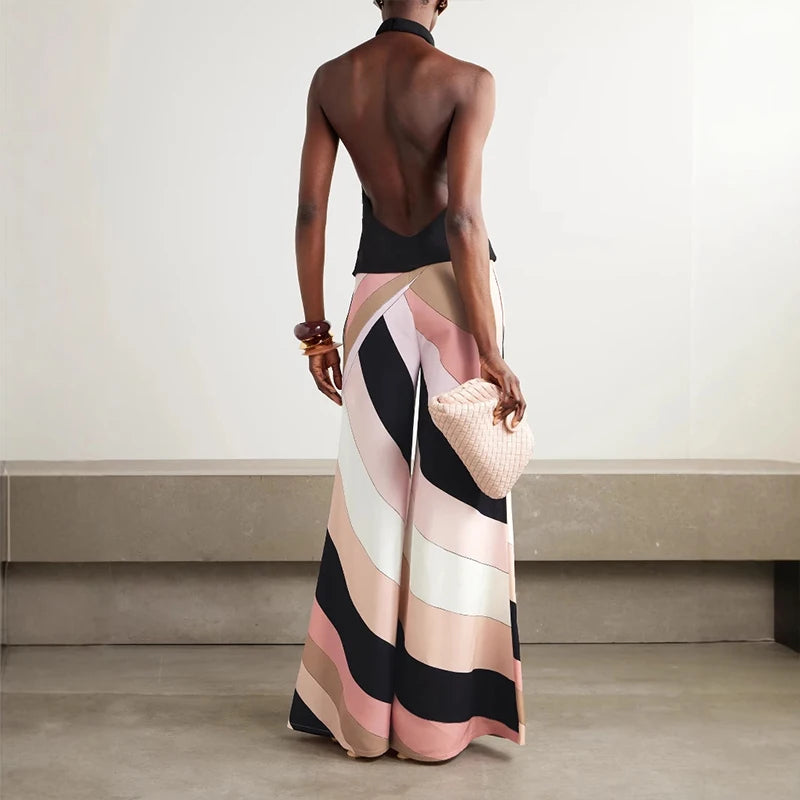 Vintage Contrast Color Sleeveless Wide Leg Jumpsuit Elegant Slim Off Shoulder Halter Playsuits Summer Sexy Backless Women Romper