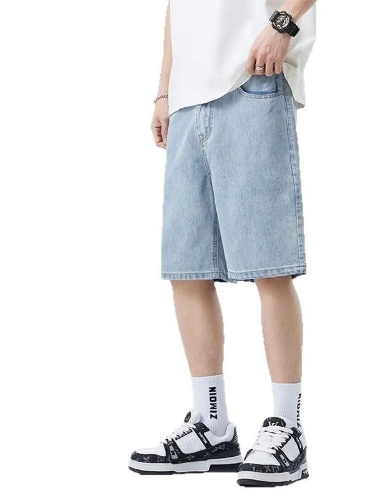 2025 New American retro short men's wide leg jeans Y2k Gothic washed loose straight leg casual men's denim shorts sports pants