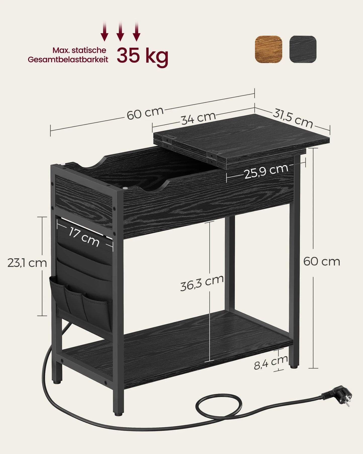VASAGLE side table (1-St) sockets and USB ports, folding tabletop