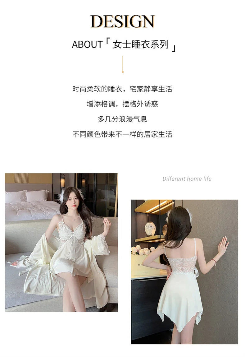Summer Sling Lace Women's Underwear Two-Pieces Set Satin Silk Sleepwear Butterfly Embroidery Backless Nightdress