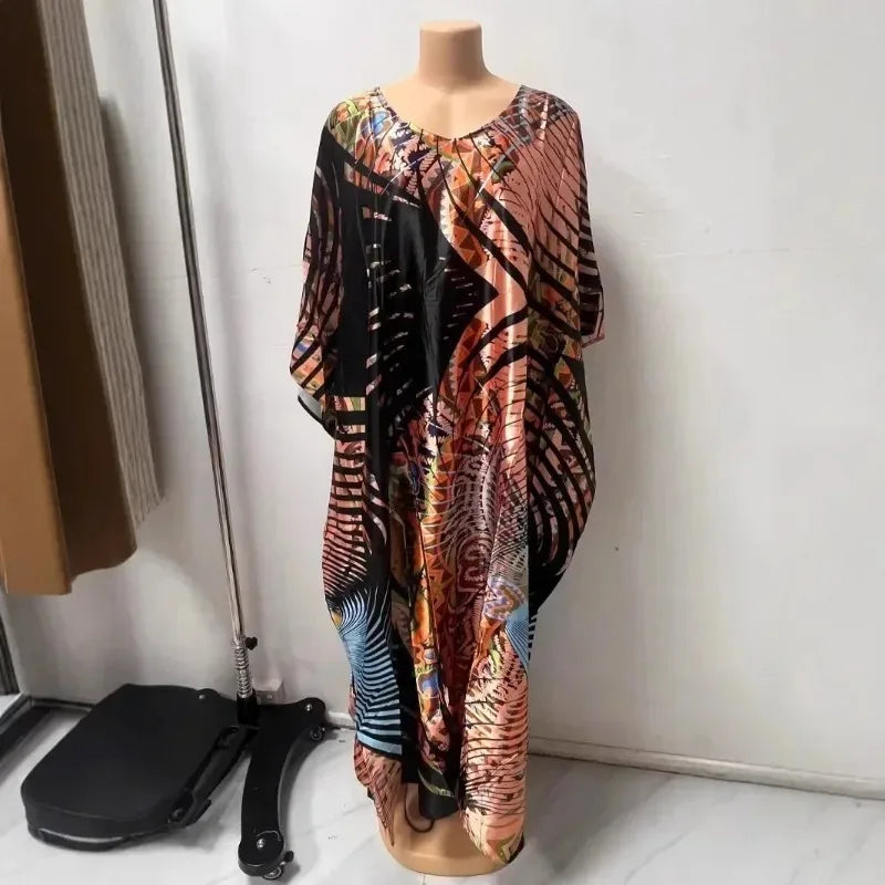Comfortable plus Size Women's Dress Floral Print Loose Waist Long Skirt Batwing Sleeve V Neck Ankle Length Elegant Fashion