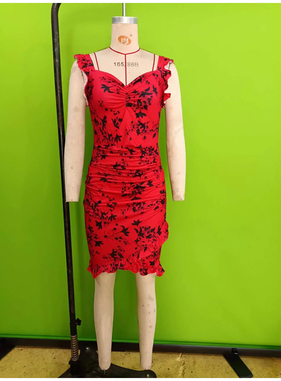 Summer Sexy Floral Bodycon Mini Dress Women 2024 Fashion Sleeveless Bandage Tunics Party Dresses Casual Red Ruffles Sundress