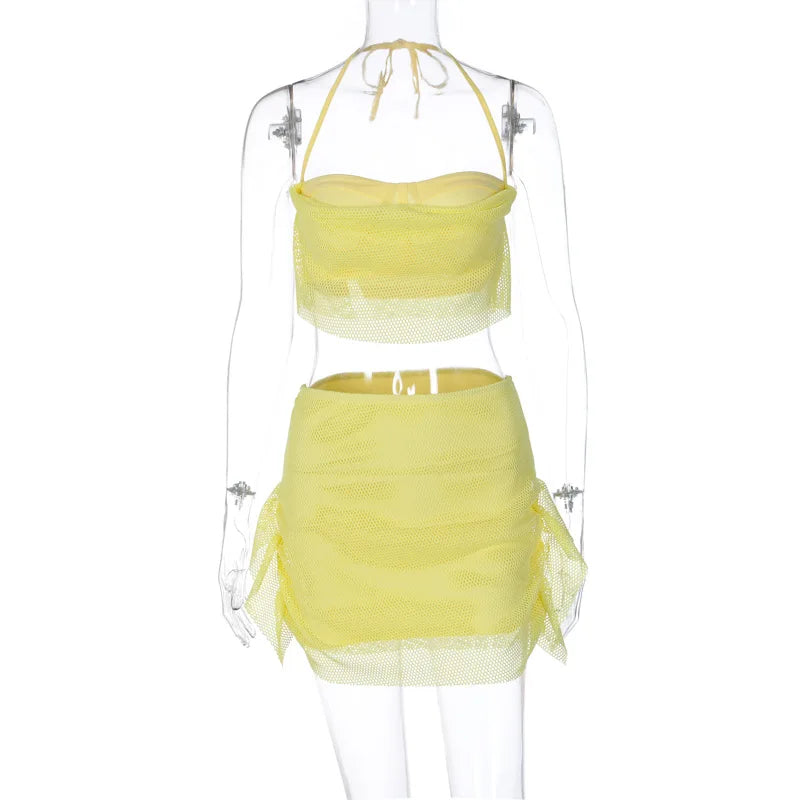 Ladies Summer Mesh Patchwork Y2K 2 Pieces Sleeveless Backless Sexy Crop Top And Mini Skirt Set Women New Fashion Party Clubwear