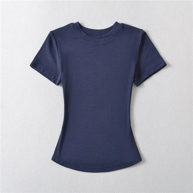 LUNDUNSHIJIA 2024 Summer Sexy Women Basic O-neck Short Sleeve T-shirt Ladies Slim Elasticity Cotton Tee Tops 12 Colors