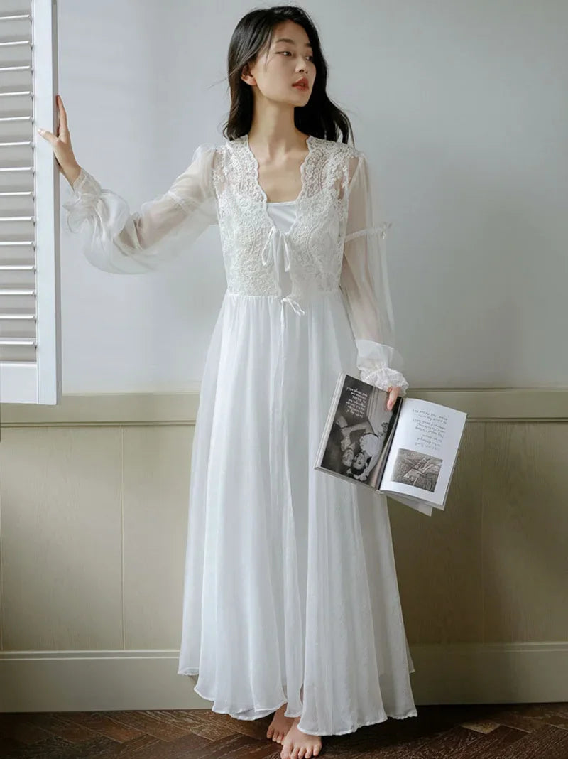 Princess Fairy Night Dress Robe French Morning Gown Lace Mesh Ruffles Vintage Sexy Two-piece Nightgown Female Spring Summer