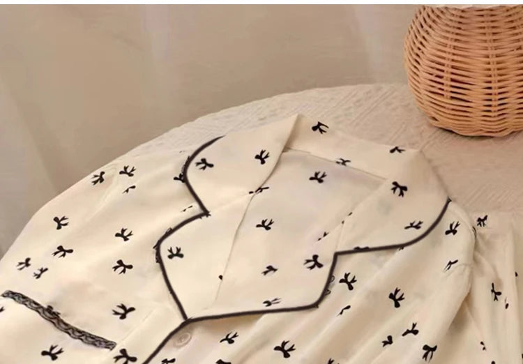 Sweet Cute Lace Flower Side Bow Print Women's Pajamas Simulated Silk Short Summer Cool Lady Lounges 2024 New Classy Y2k Homewear