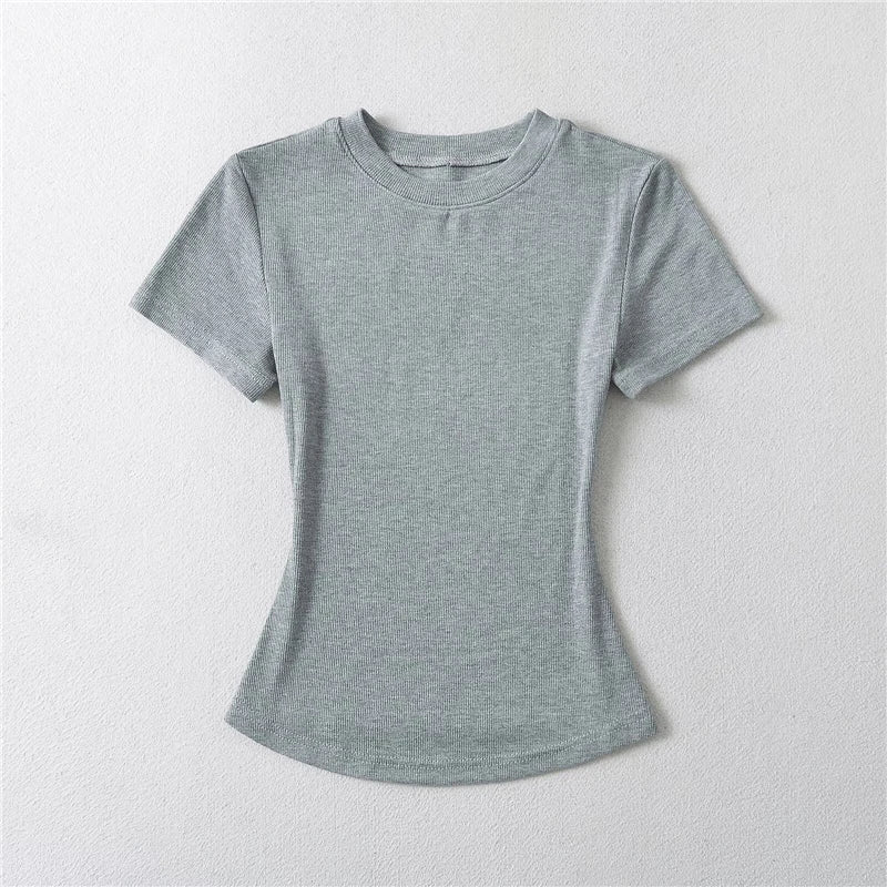 LUNDUNSHIJIA 2024 Summer Sexy Women Basic O-neck Short Sleeve T-shirt Ladies Slim Elasticity Cotton Tee Tops 12 Colors
