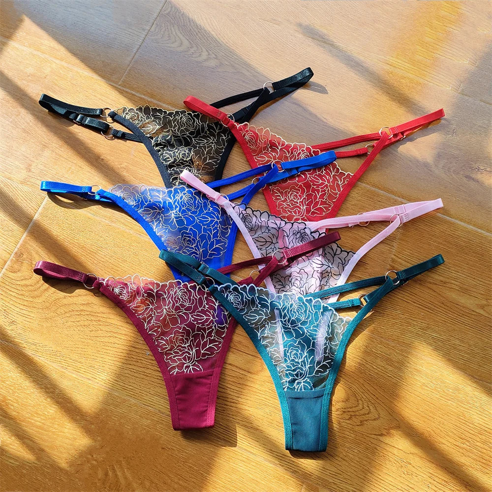 3pcs V-shaped Sexy Lace Floral Thong Women Hollow Out V-Strings Adjustable Belt Transparent Underwear