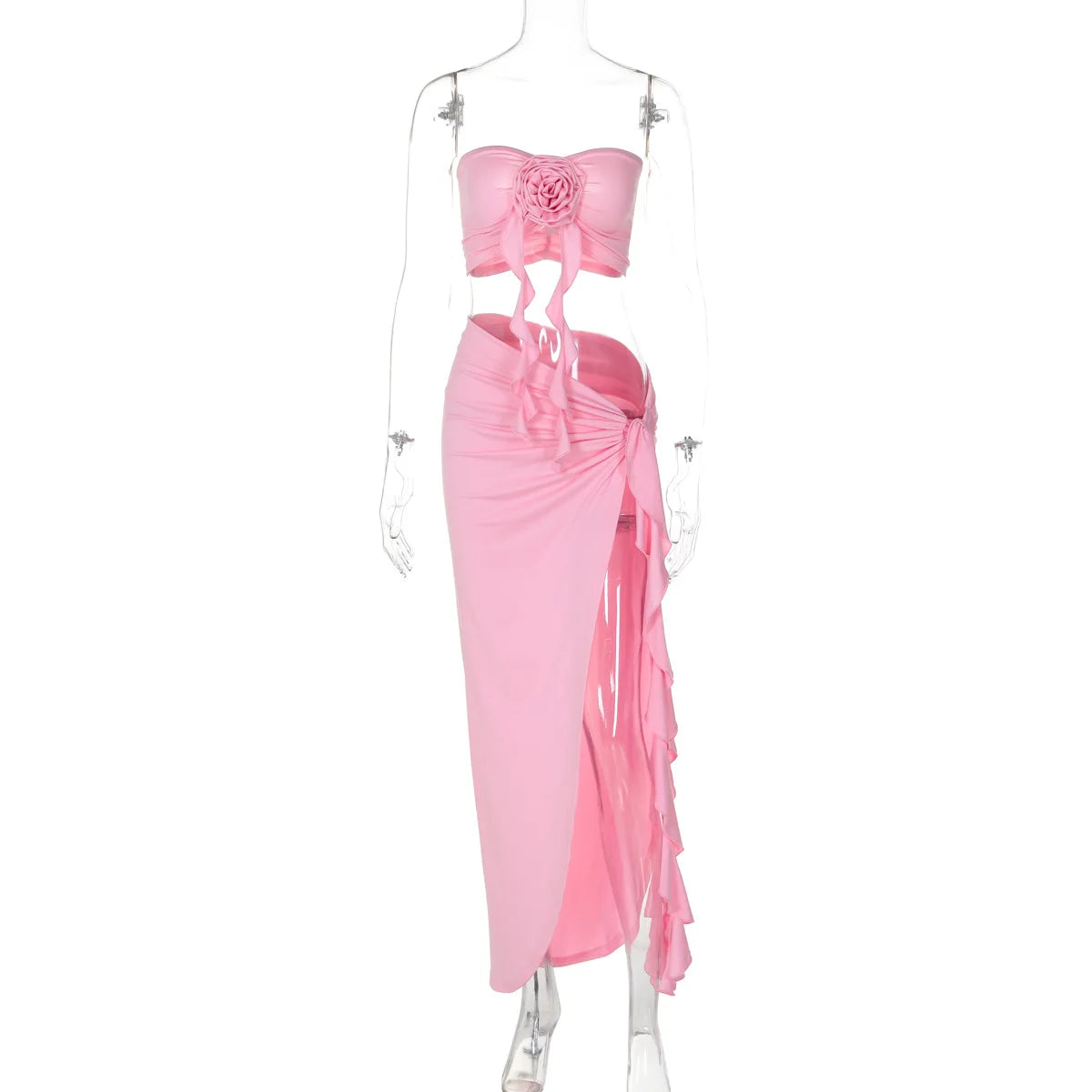 Ladies Matching Suit Applique Strapless Ruched Crop Top Ruffles Split Midi Dress Set Women Summer Party Club Y2K Fashion Outfits