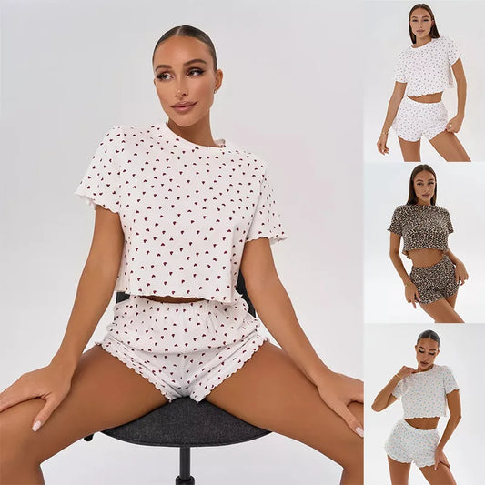 New Summer Women's Pajama Set, Cotton-blend Home Wear With Heart Print, Casual Round Neck Short Sleeve Shorts Two-piece Set