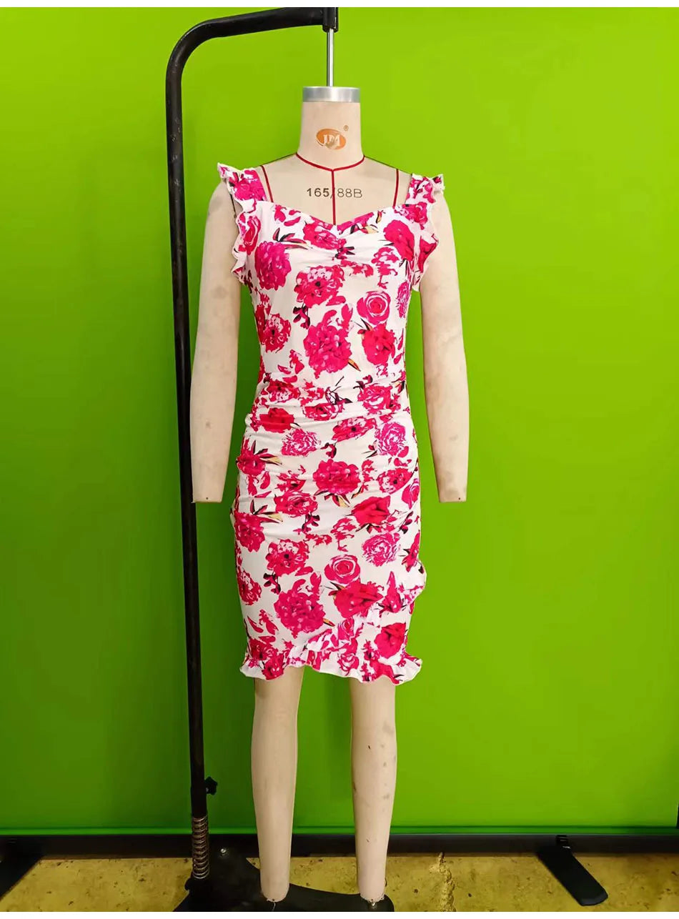 Summer Sexy Floral Bodycon Mini Dress Women 2024 Fashion Sleeveless Bandage Tunics Party Dresses Casual Red Ruffles Sundress