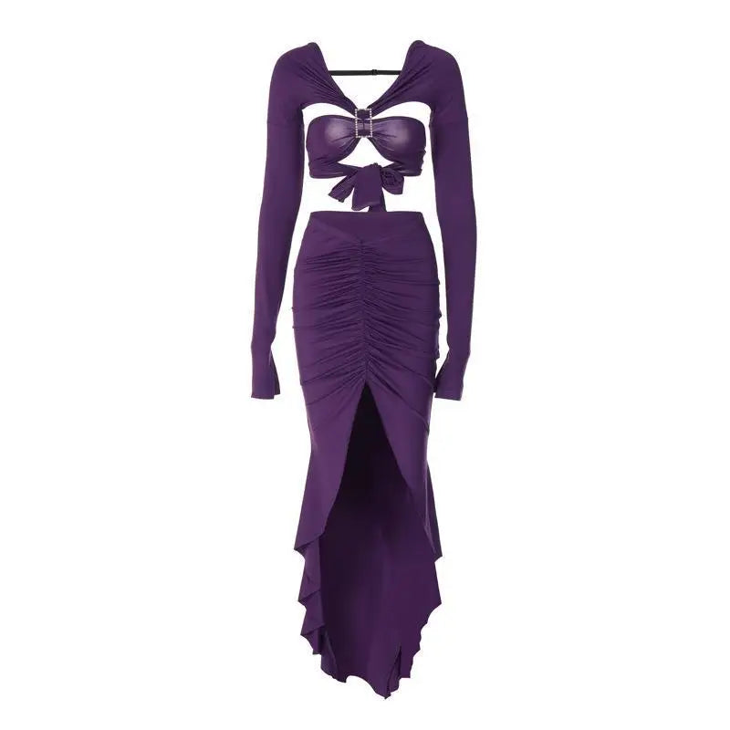 Two Piece Set Long Sleeve Bandage Backless Crop Tops and Skirt Set Women Bodycon Skirts Sexy Split Outfits Beach Casual Dress