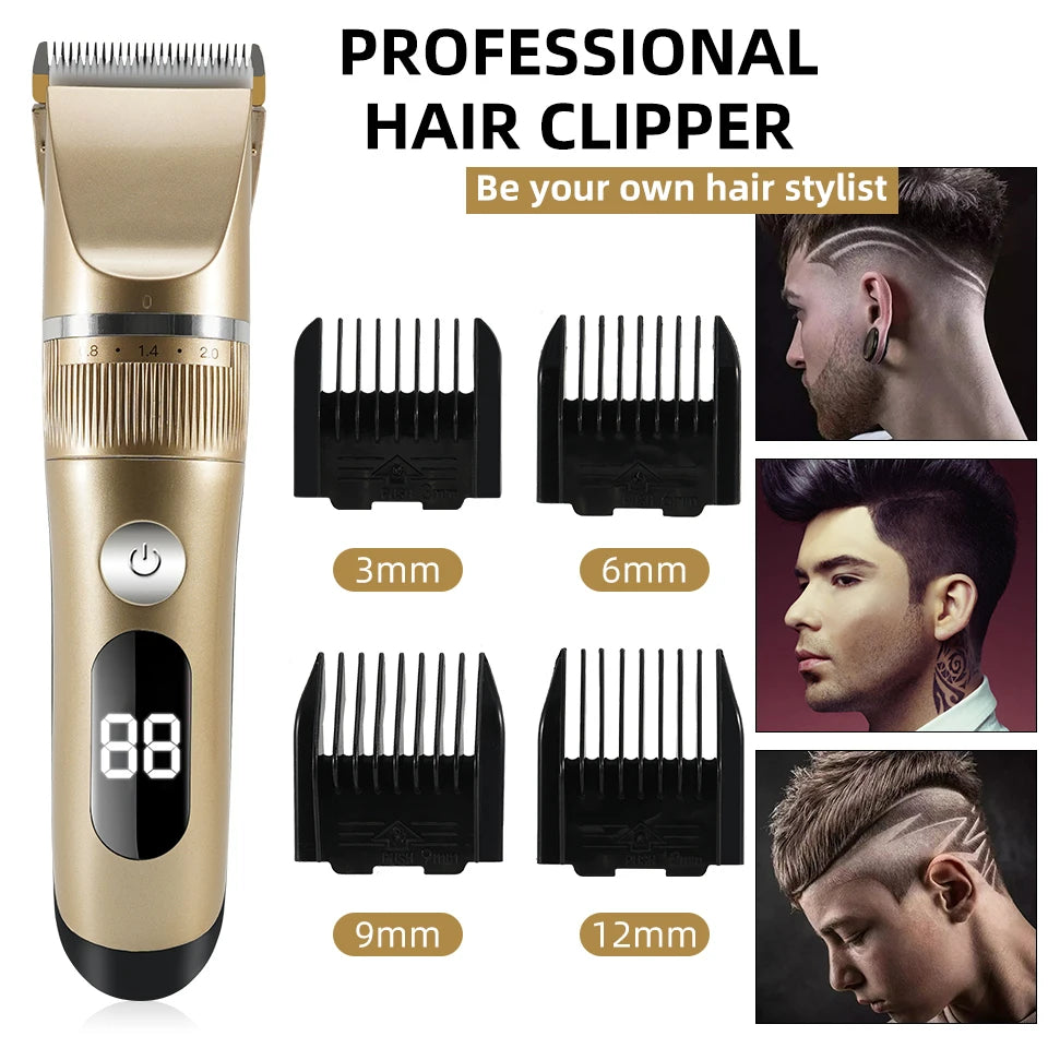 Professional Hair Clipper Electric Men's Trimmer Rechargeable Hair Cutting Machine LCD Display Head Trimmer 2 Gears