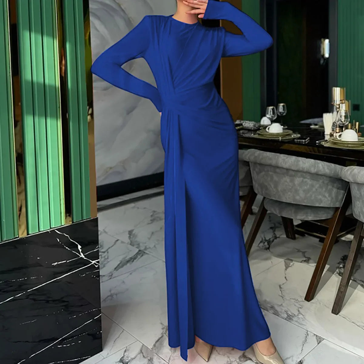 New Elegant High Waist Folds Long Maxi Pink Dresses for Women 2025 Chic O-neck Long Sleeve Tunics Slim Solid Party Evening Dress
