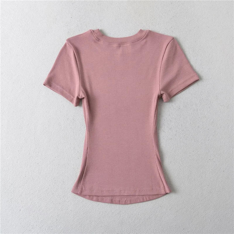 LUNDUNSHIJIA 2024 Summer Sexy Women Basic O-neck Short Sleeve T-shirt Ladies Slim Elasticity Cotton Tee Tops 12 Colors