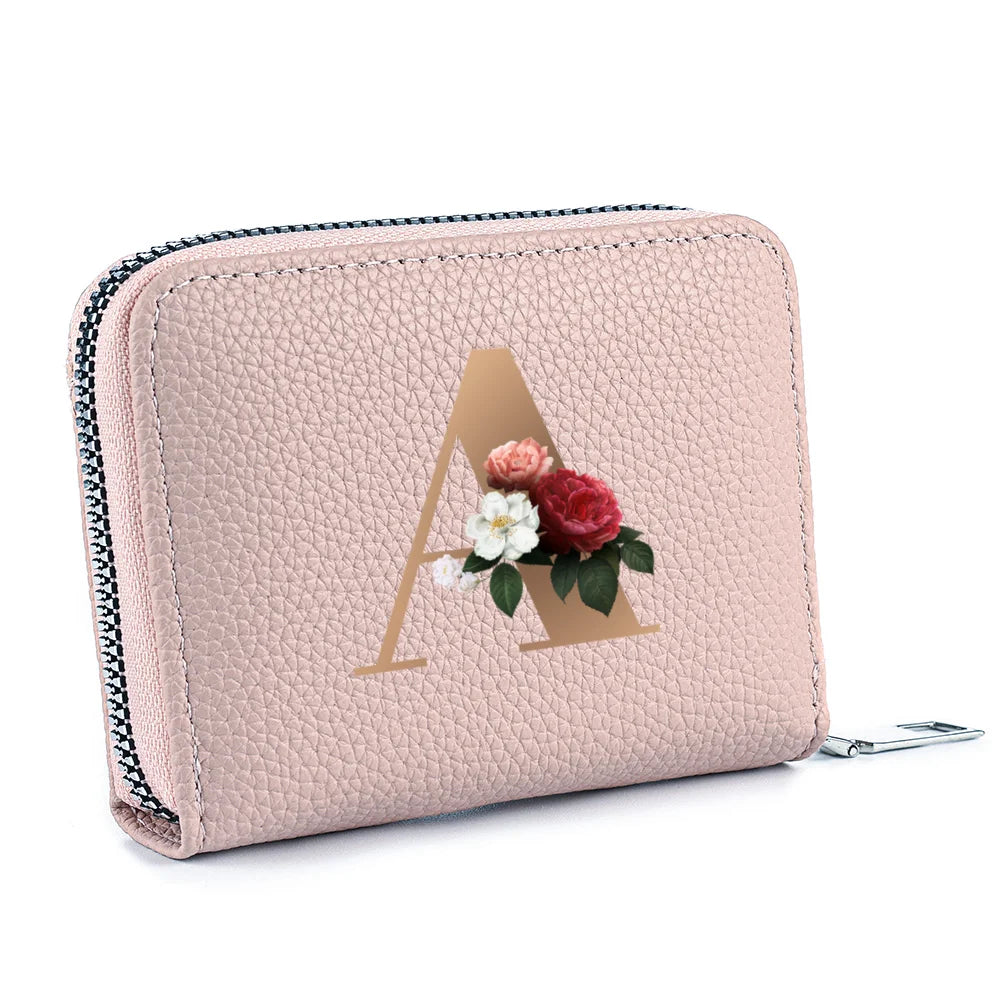 Fashionable Multi Functional 26-Letter Printed Pink Zipper Coin Purse And Credit Card Holder For Women