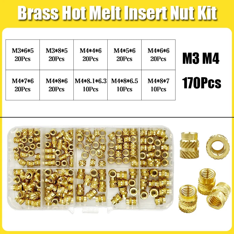 Brass Threaded Insert Nut Kit M2 M2.5 M3 M4 M5 M6 M8 Hot Melt Heat Knurled Embed Injection Copper Insertnut for 3D Print Plastic