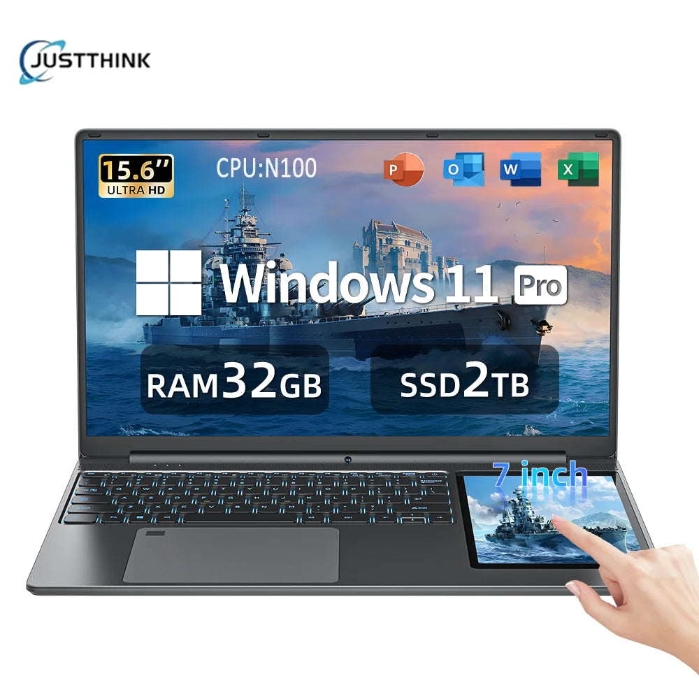 Dual Screen Laptop 32G DDR4 2TB SSD Gaming Laptops 15.6" IPS+7" Touch Screen Intel N100 Processor Windows11 Notebook Computer