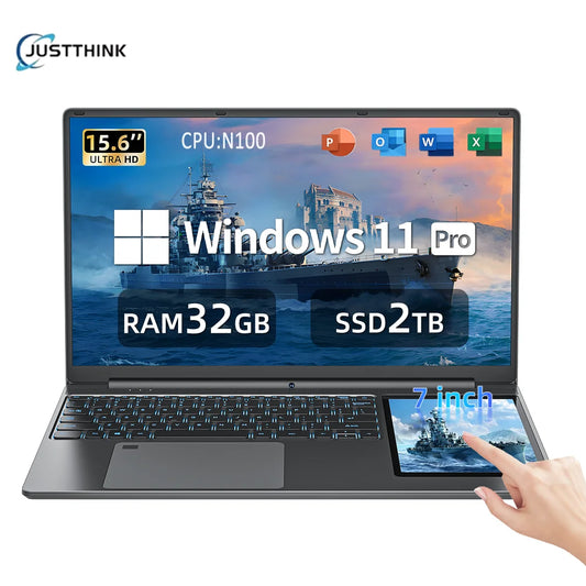 Dual Screen Laptop 32G DDR4 2TB SSD Gaming Laptops 15.6" IPS+7" Touch Screen Intel N100 Processor Windows11 Notebook Computer