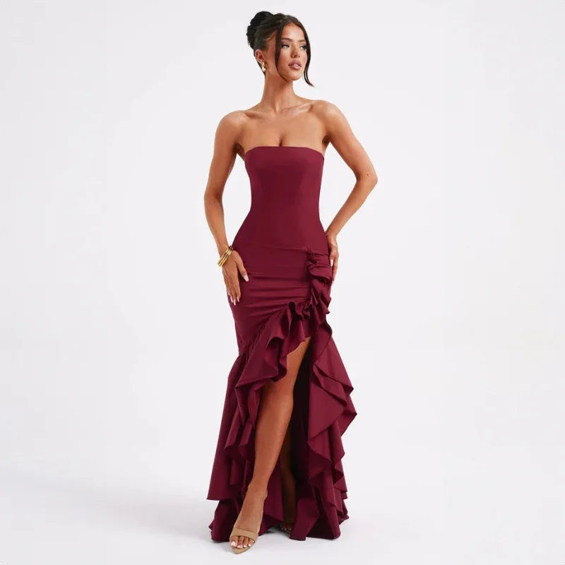 Ladies Summer Ruffle New Fashion Elegant Evening Party Dress Women Sleeveless Backless Tube Bodycon Maxi Dresses Female Clubwear
