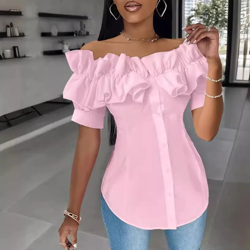 Sexy One-piece Collar Slim White Shirt And Blouses Women's Summer Short Sleeve Fashion Ruffle Button Cardigan Female Shirts Top
