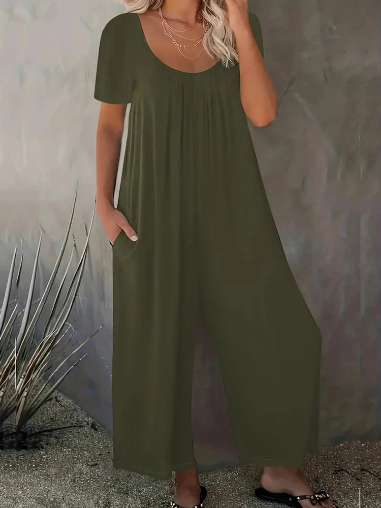 Plus Size 0XL-5XL Summer Rompers Overalls Women's Solid Color Jumpsuit with Pockets Casual Fashion Short Sleeve Jumpsuits