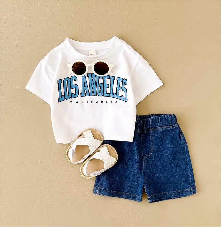 Summer New Baby Clothes Infant Letter Printing Top+Denim shorts Set Baby Boys Girls Casual Baby Set Newborn Baby Clothes 2Pcs