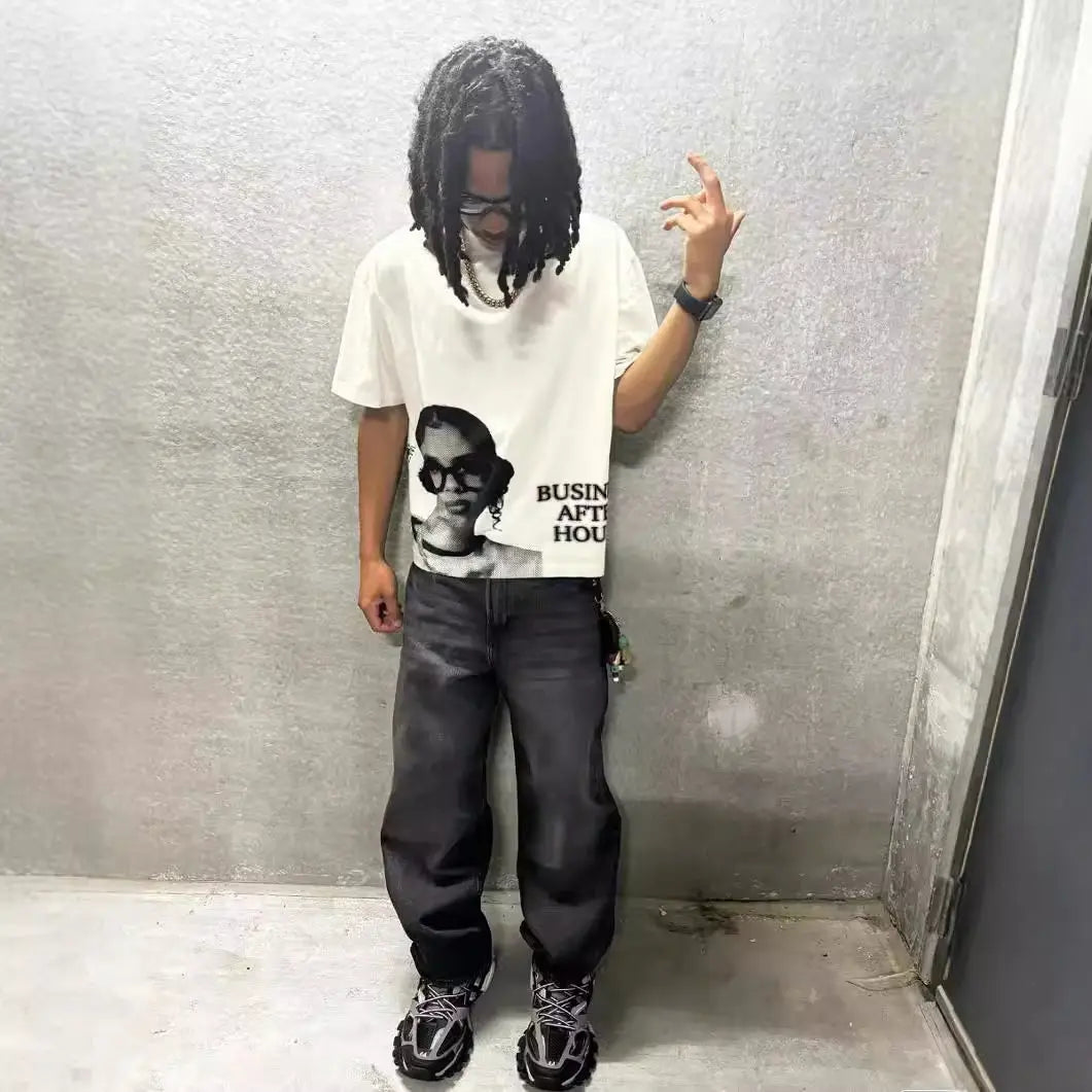 2025 Latest European and American Y2k Hip-hop Character Printed T-shirt Men's and Women's Retro Street Casual Short-sleeved Top