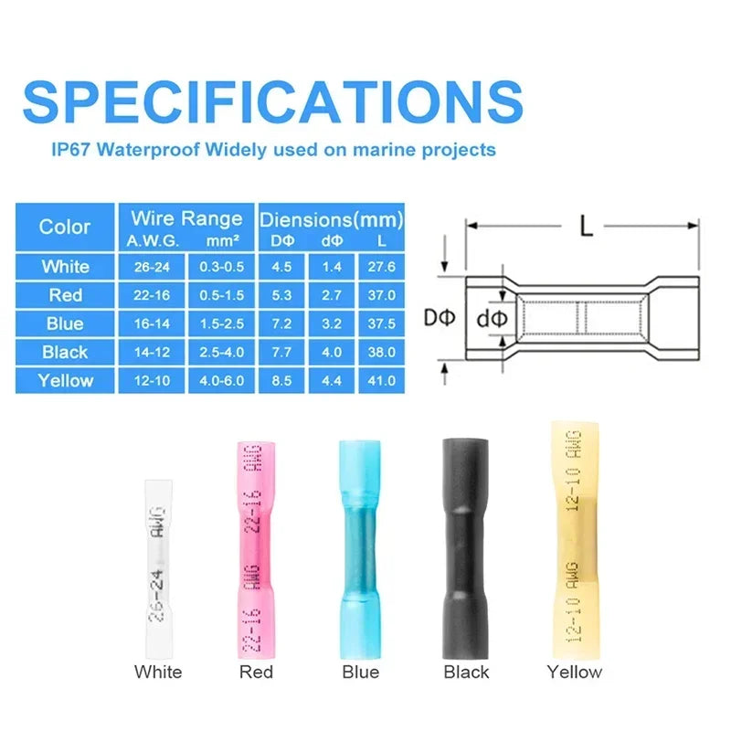 10/50/100/200PCS Heat Shrink Butt Wire Connectors AWG 24-10 0.3-6.0mm2 Waterproof Insulated Automobile Wire Cable Crimp Terminal