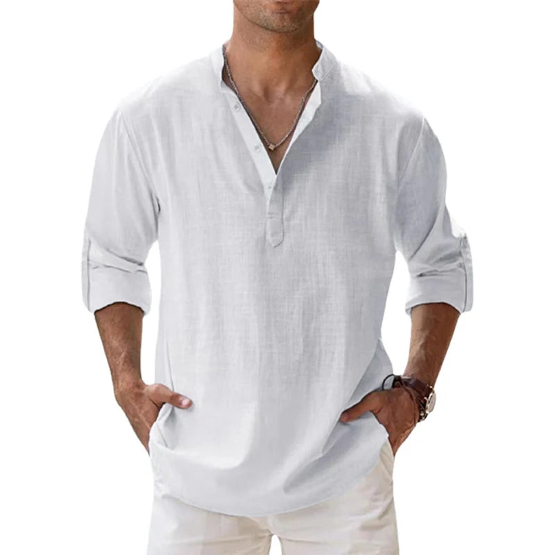 2023 New Men's Linen Long Sleeve Breathable Shirt Solid Color Casual  Basic Cotton Linen Shirt Tops  S-5XL