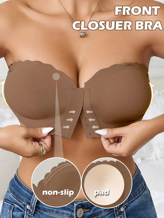 Women's Front Closure Bra,Removable Padding,Adjustable Bandeau Lingerie Tube Bras,Non Slip Silicone Soft Fabric Underwear