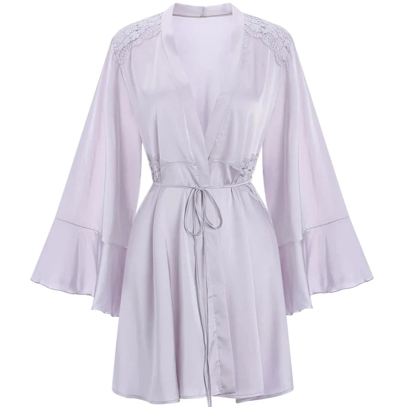 Black Satin Kimono Bridal Robe Lace Lingerie Women Sleepwear Pajamas Pure Ice Silk Wedding Morning Bathrobe Bridesmaid Robes