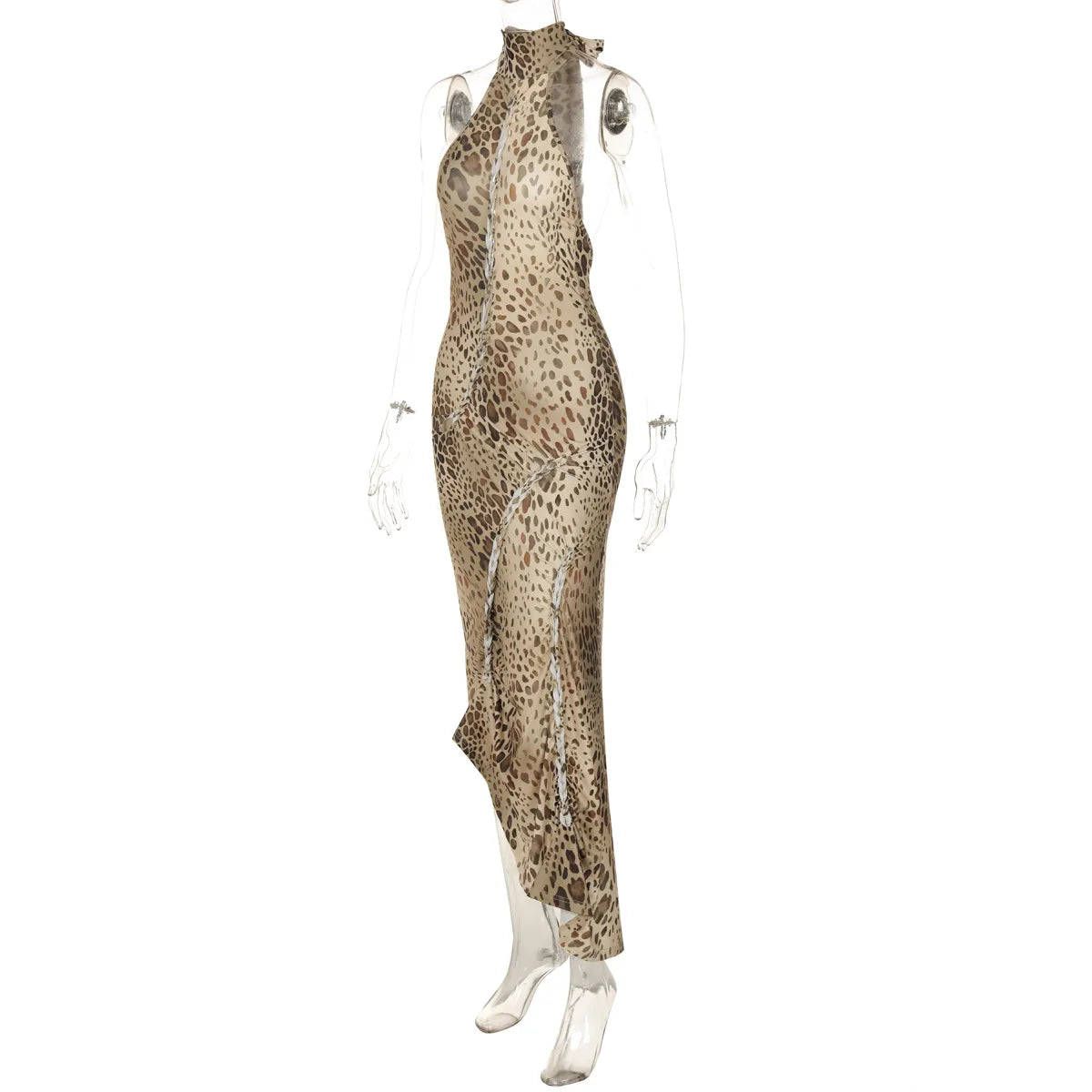Ladies Summer Leopard Print New Fashion Evening Party Dress Women Sleeveless Backless Halter Midi Dresses Woman Clothes Clubwear