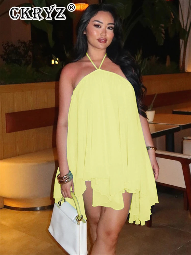 Ladies Summer Chiffon New Fashion Clubwear Dress Women Sleeveless Backless Halter Mini Dresses Birthday Party Streetwear Clothes