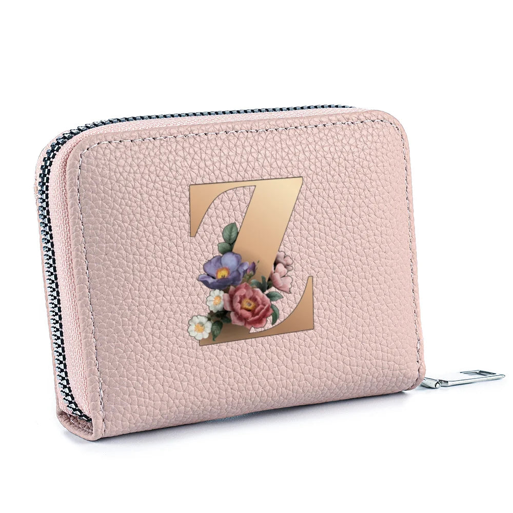 Fashionable Multi Functional 26-Letter Printed Pink Zipper Coin Purse And Credit Card Holder For Women