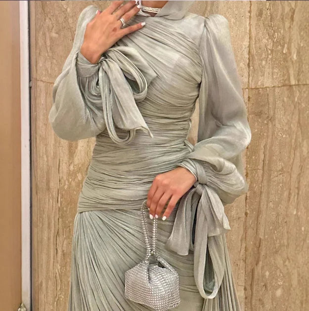 Elegant Solid Color Hooded Sparkling Flowing Sand Dress for Women, Elegant Solid Color Trailing High Waisted Long Sleeved Dress