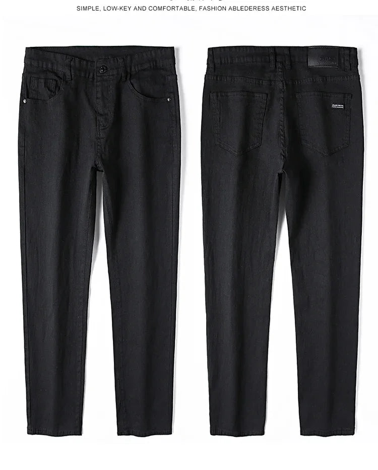 Men's Pure Black Slim Jeans Elastic Straight Pants Business Fashion Leisure Korean Vintage Skinny Small Feet Denim Pants Male