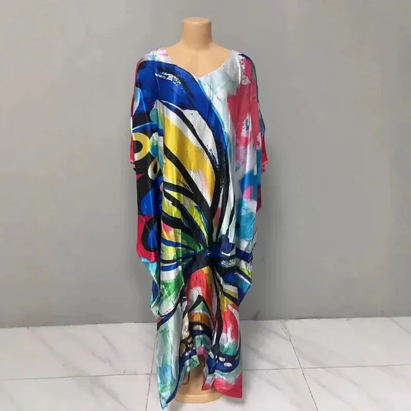 Comfortable plus Size Women's Dress Floral Print Loose Waist Long Skirt Batwing Sleeve V Neck Ankle Length Elegant Fashion