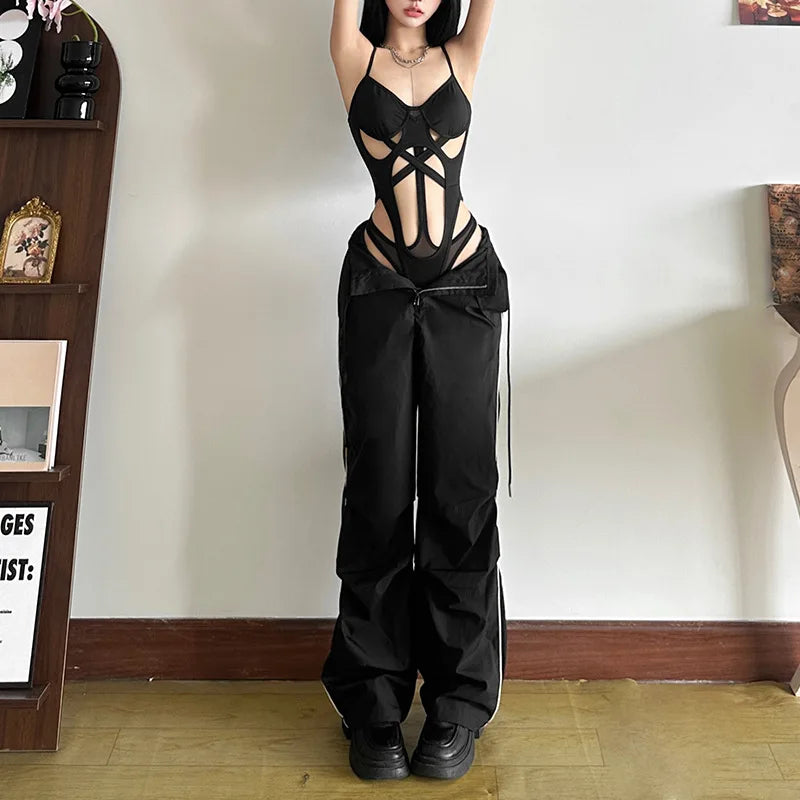 Sexy Women Bodysuit Cut Out Bodycon Jumpsuit Strap Cami Y2K Pure Aesthetic Tops Summer Sleeveless Solid Color Crop Outfit Tee