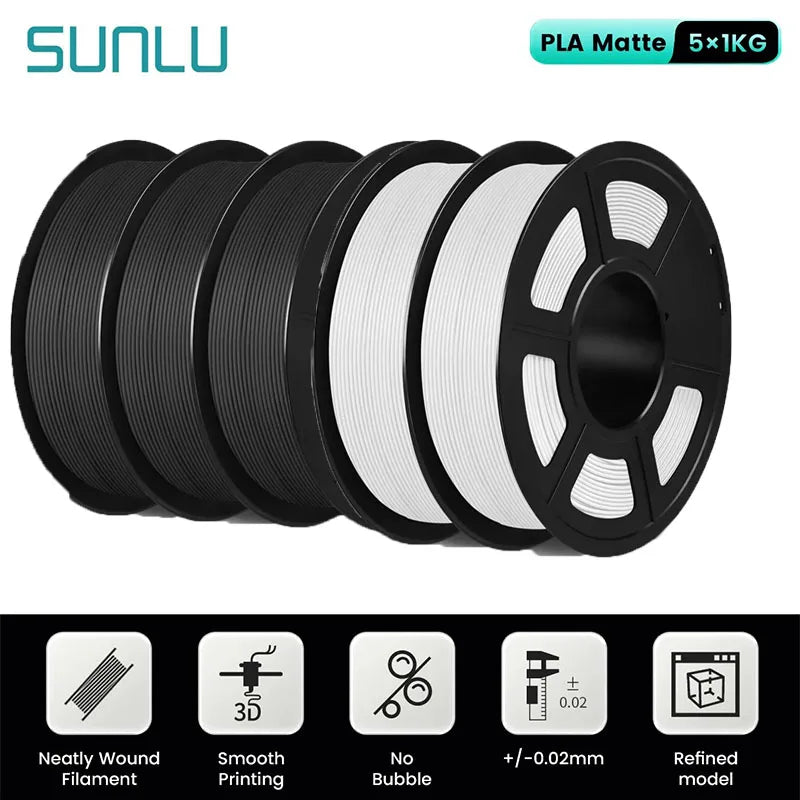 SUNLU 5Roll PLA Matte Filament 1.75mm 1kg Spool (2.2lbs) Smooth Matte Finish Neatly Wound Filament Fit Most FDM Printer