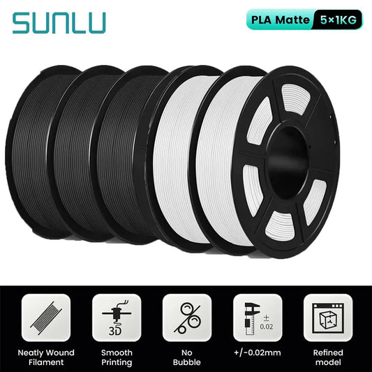 SUNLU 5Roll PLA Matte Filament 1.75mm 1kg Spool (2.2lbs) Smooth Matte Finish Neatly Wound Filament Fit Most FDM Printer