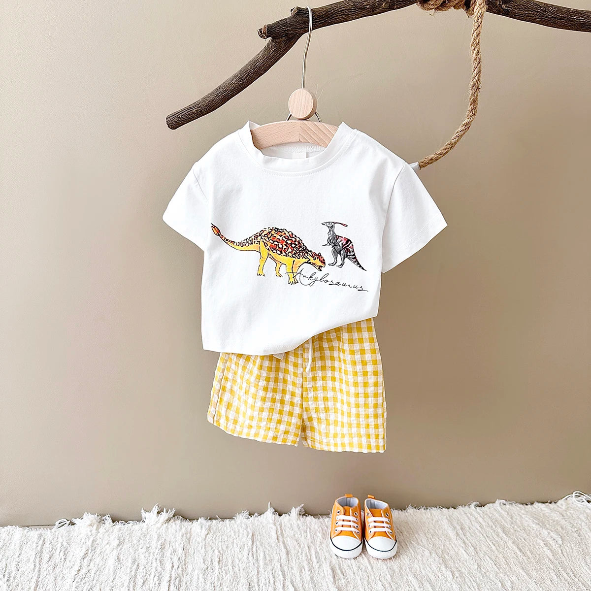 New Baby Clothes Set Infant Dinosaur Print Top+Grid Shorts Baby Boys Girls Casual Baby Set Newborn Summer Baby Clothes 2Pcs/Sets