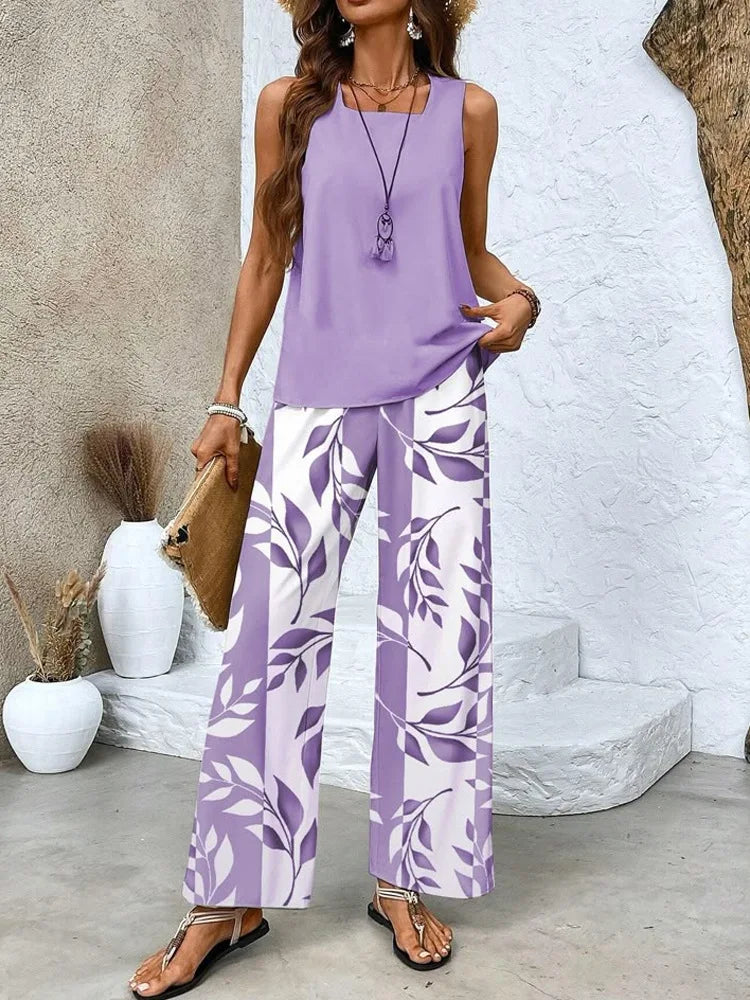 Summer New Women's Flower Stripe Print Two-Piece Set Square Collar Sleeveless Vest Solid Tops & Long Pants Sets Female 2025