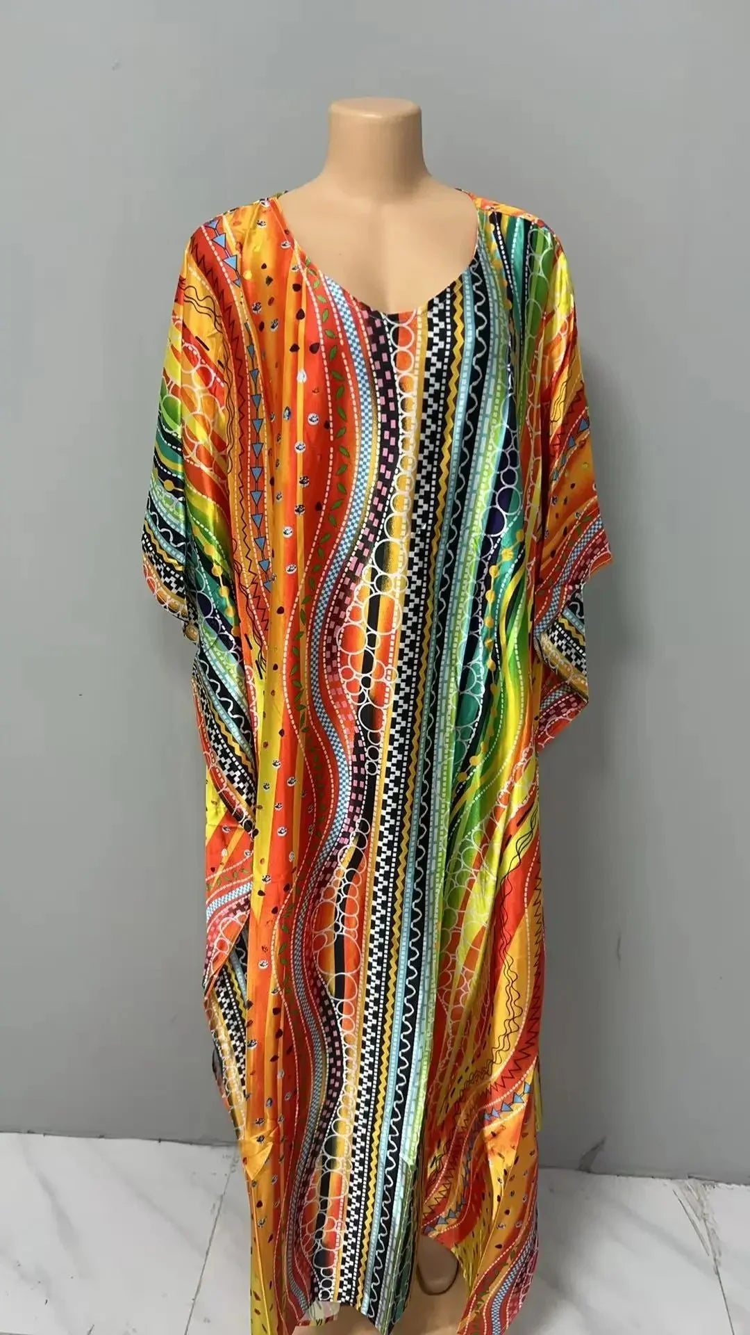 Comfortable plus Size Women's Dress Floral Print Loose Waist Long Skirt Batwing Sleeve V Neck Ankle Length Elegant Fashion