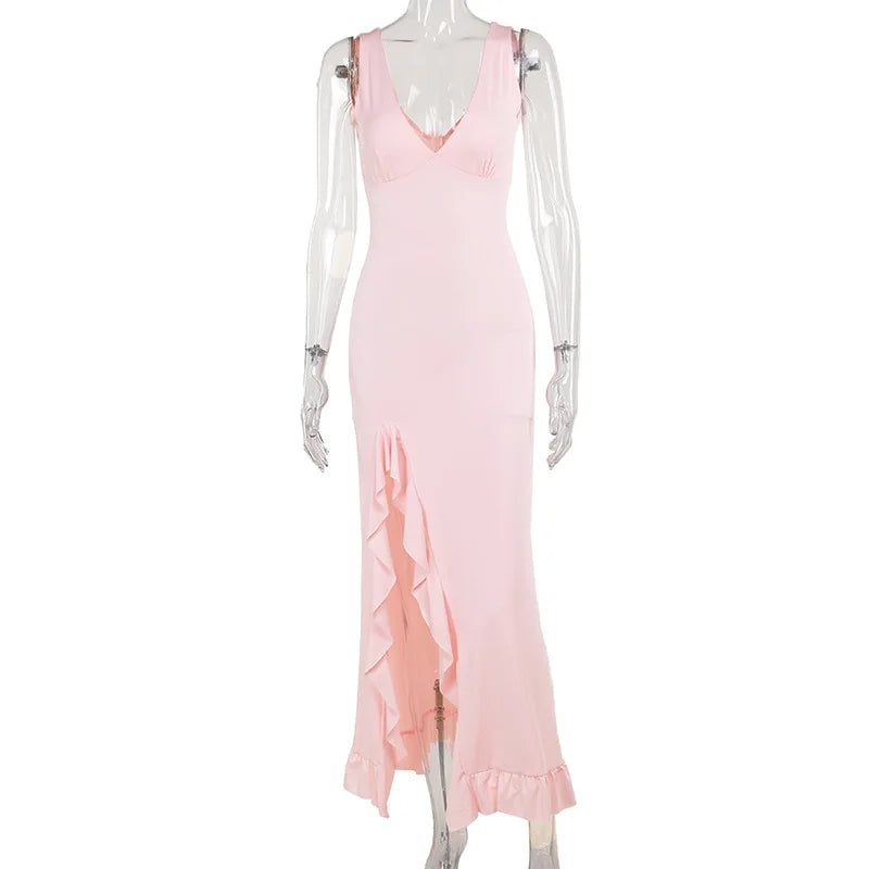 Ladies Summer Ruffle Evening Birthday Party Dress Women Sleeveless Backless Side Slit Long Dresses Clubwear Woman Clothes 2025