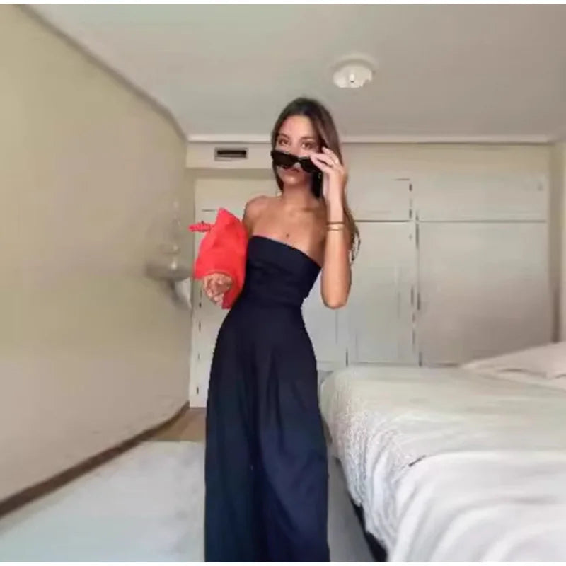 Sexy Backless Women's Jumpsuits Solid Off Shoulder Waist Cinching Pockets Wide Leg Pants Lady Bodysuit Summer Female Outwears