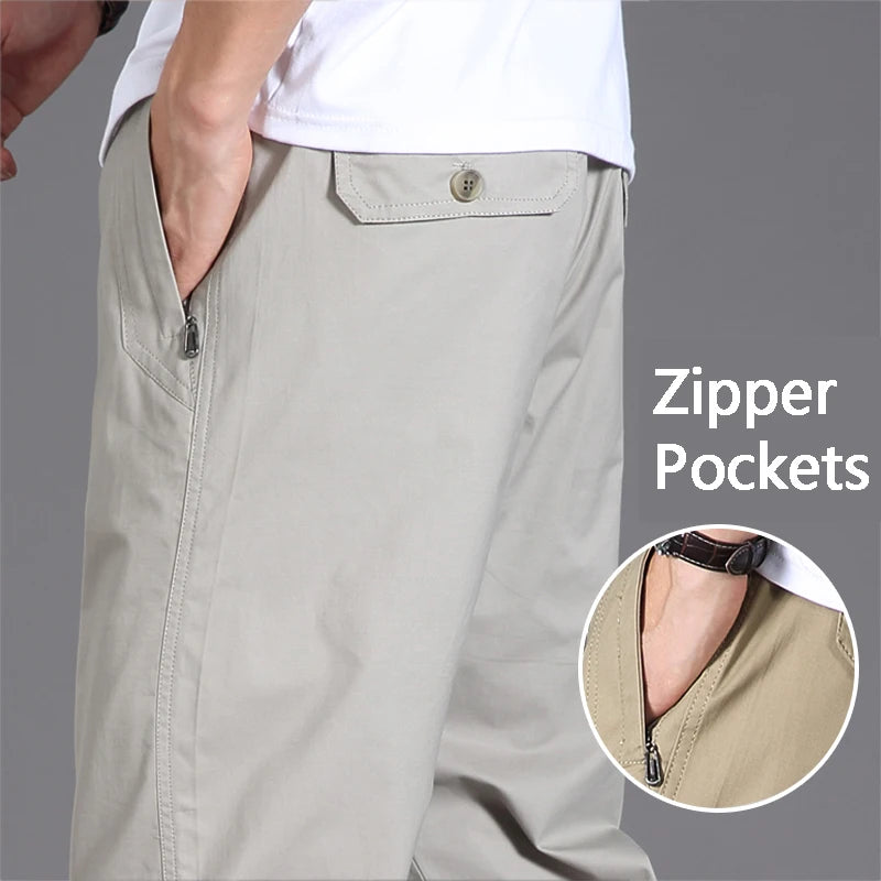 Mens Casual Pants With Zipper Pockets Cotton High Quality 2023 Summer Autumn Stretchable Waist Sports Work Utility Trousers